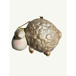 Handcrafted Ceramic Sheep Ornament With Golden Bell and Hanging Cord